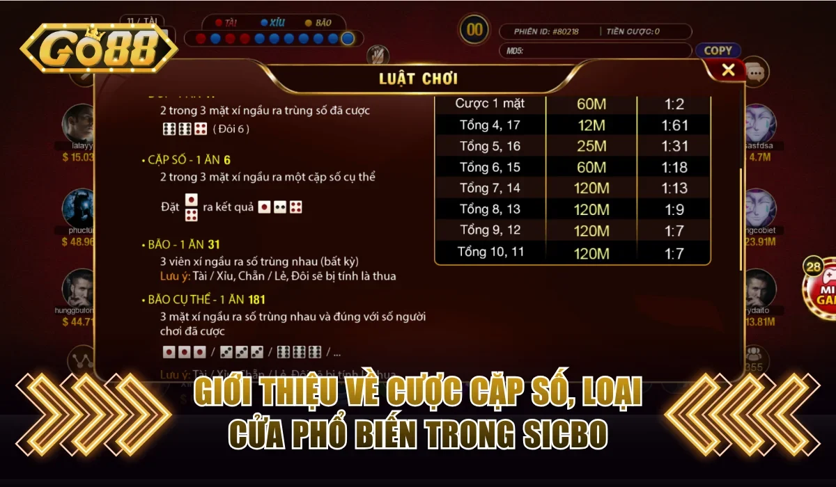 Khám Phá Sicbo Tài Xỉu Sảnh Rồng Go88 Chơi Dễ Trúng Dễ Lời 3 Giới thiệu về cược cặp số, loại cửa phổ biến trong sicbo